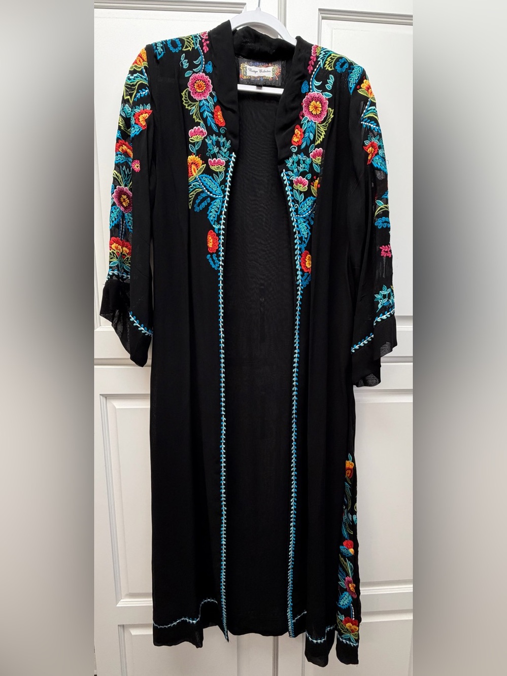 Black Embroidered Open-Front Cardigan Kimono